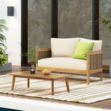 The Crowne Collection Outdoor Acacia Wood and Wicker Loveseat and Coffee Table Set with Sunbrella Cushions