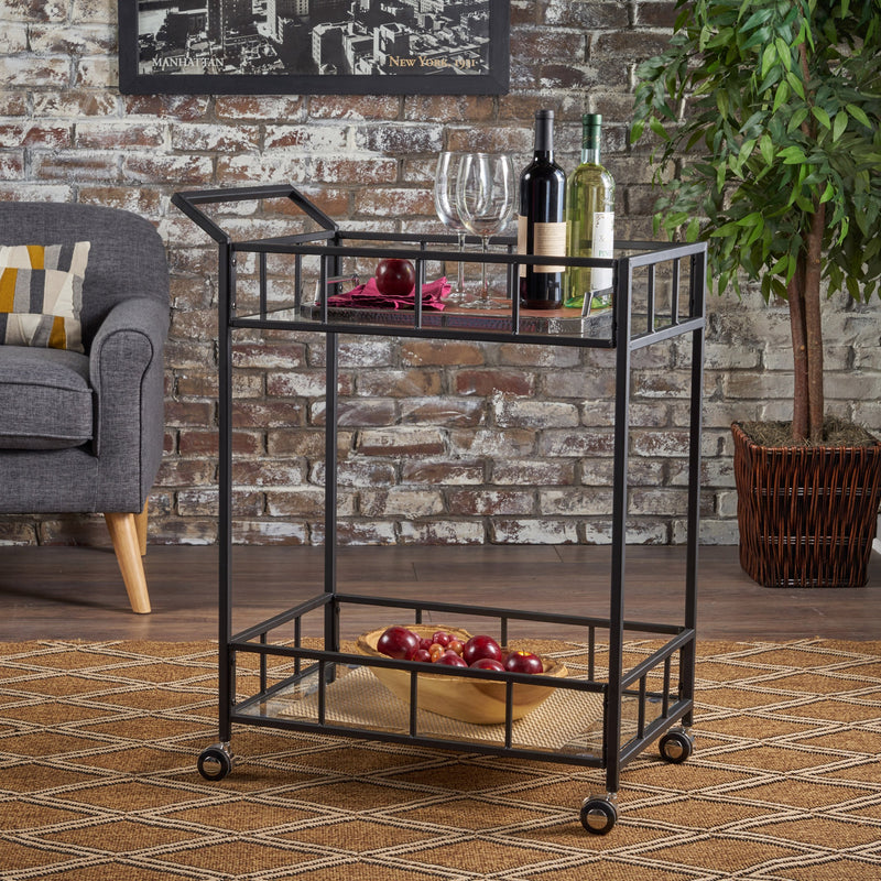 Indoor Industrial Modern Black Iron Bar Cart with Tempered Glass Top - NH902203