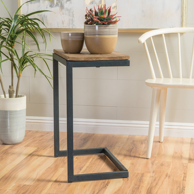 Modern Industrial Firwood C-Shaped Accent Side Table with Iron Frame - NH780992