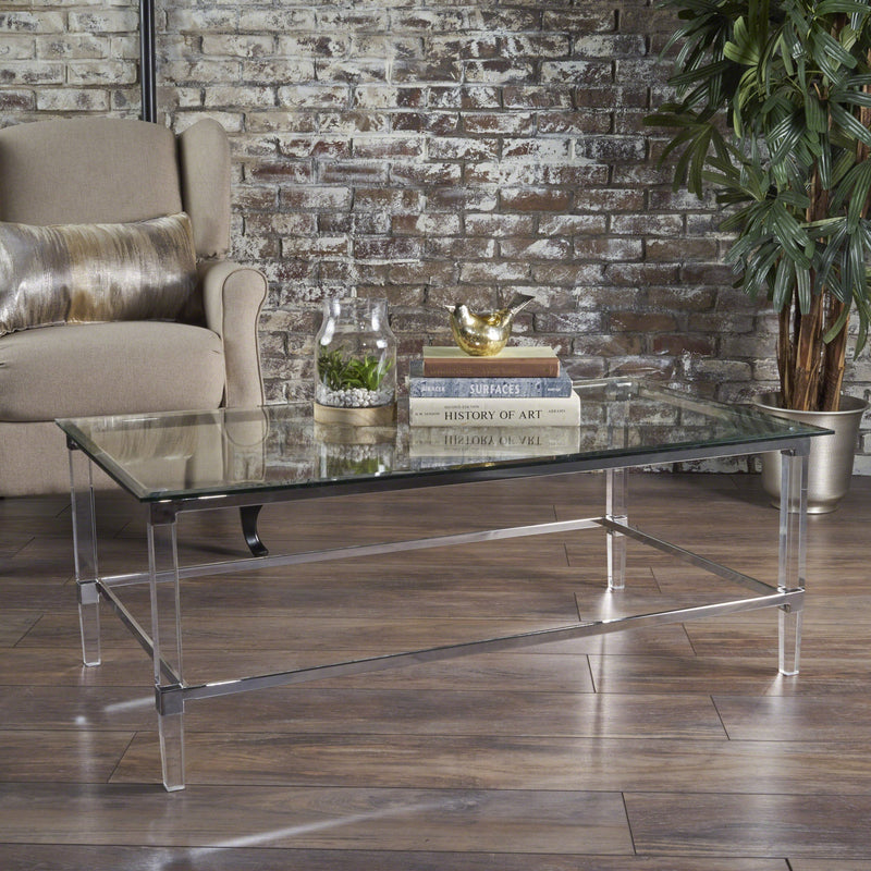 Modern Tempered Glass Coffee Table with Acrylic and Iron Accents - NH213203