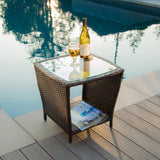 Modern Outdoor Brown Wicker Side Table with Tempered Glass Top - NH404832