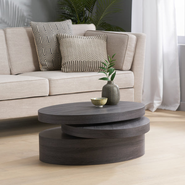 Modern Oval Black Oak Finish Faux Wood Rotating Coffee Table - NH919592