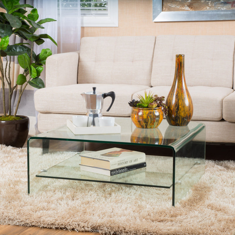 Modern Square Tempered Glass Coffee Table with Shelf - NH027692