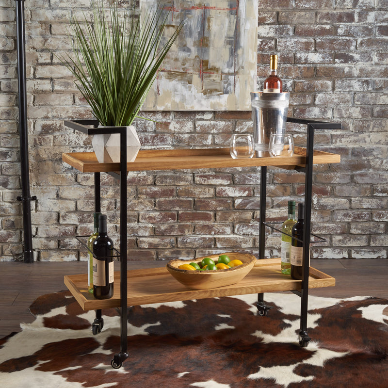 Modern Industrial Two Shelf Wood Finished Bar Cart with Rolling Casters - NH178103