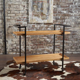 Modern Industrial Two Shelf Wood Finished Bar Cart with Rolling Casters - NH178103