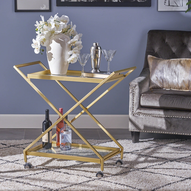 Indoor Industrial Iron and Glass Bar Cart, Gold - NH264403