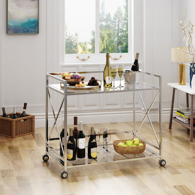 Modern Iron and Glass Bar Cart, Silver - NH964403