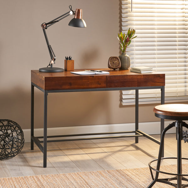 Industrial Dark Oak Acacia Wood Storage Desk with Rustic Metal Iron Accent - NH751203