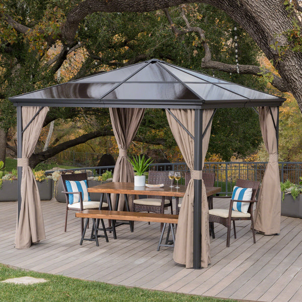 Outdoor 10 x 10 Foot Rust Proof Aluminum Framed Hardtop Gazebo with Curtains - NH873303