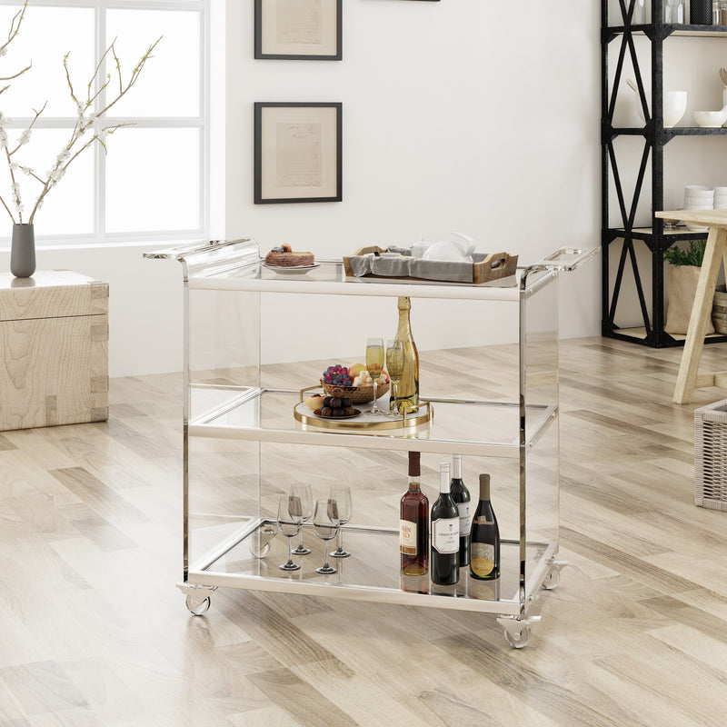 Acrylic Bar Trolley with Glass Shelves, Clear - NH079403