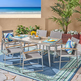Outdoor 7 Piece Aluminum and Wicker Dining Set with Glass Top - NH303503