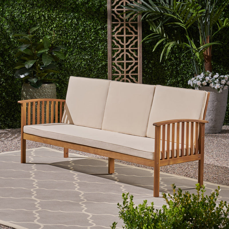 Outdoor Open Slat Acacia Wood 3-Seater Sofa w/ Water-Resistant Cushions - NH197703