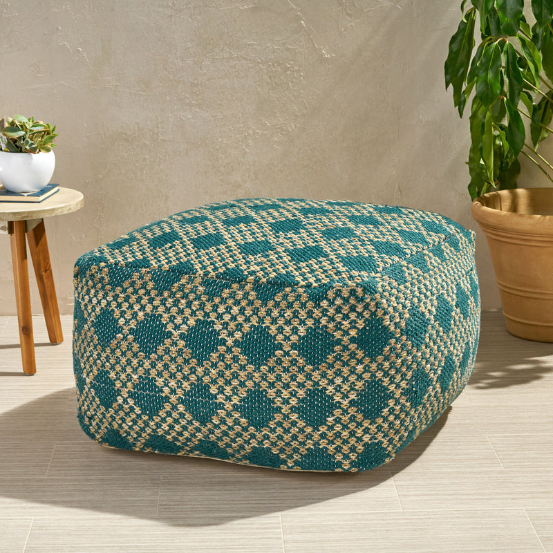 Outdoor Large Square Casual Pouf, Boho, Beige and Teal Yarn - NH826703