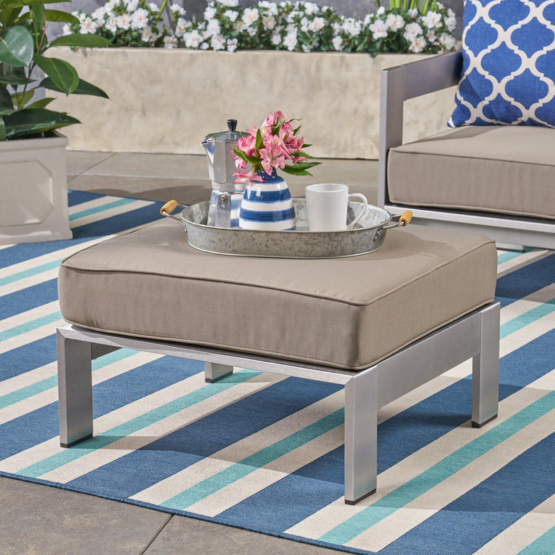 Coral Cushioned Auminum Ottoman, Silver and Khaki - NH772603