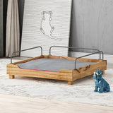 Wooden Small Pet Bed with Metal Railing and Plush Cushion, Blue and Natural Finish - NH222903