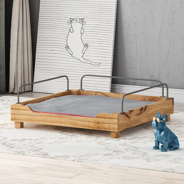 Wooden Small Pet Bed with Metal Railing and Plush Cushion, Blue and Natural Finish - NH222903