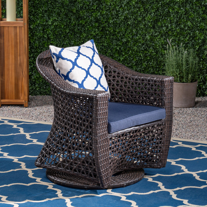 Patio Swivel Chair, Wicker with Outdoor Cushions, Multi-Brown, Navy Blue - NH231703