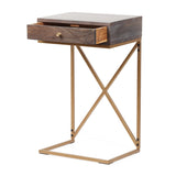 Rustic Glam Handcrafted Acacia Wood C-Shaped Side Table, Dark Brown and Gold - NH024413