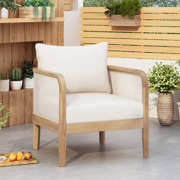 Modern Acacia Wood Outdoor Club Chair with Beige Water-Repellent Cushions