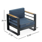 Modern Aluminum Club Chair with Faux Wood Accents & Water-Resistant Cushions