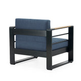 Modern Aluminum Club Chair with Faux Wood Accents & Water-Resistant Cushions