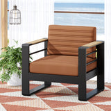 Modern Aluminum Club Chair with Faux Wood Accents & Water-Resistant Cushions