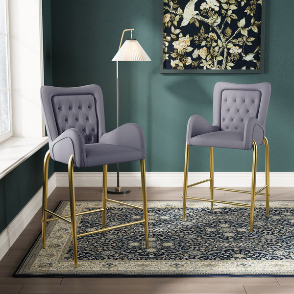 Set of 2 Velvet Counter Stools Tufted Bar Chairs Gold Frame