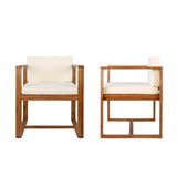Modern Outdoor Patio Acacia Wood Dining Chairs with Cushions, Set of 2
