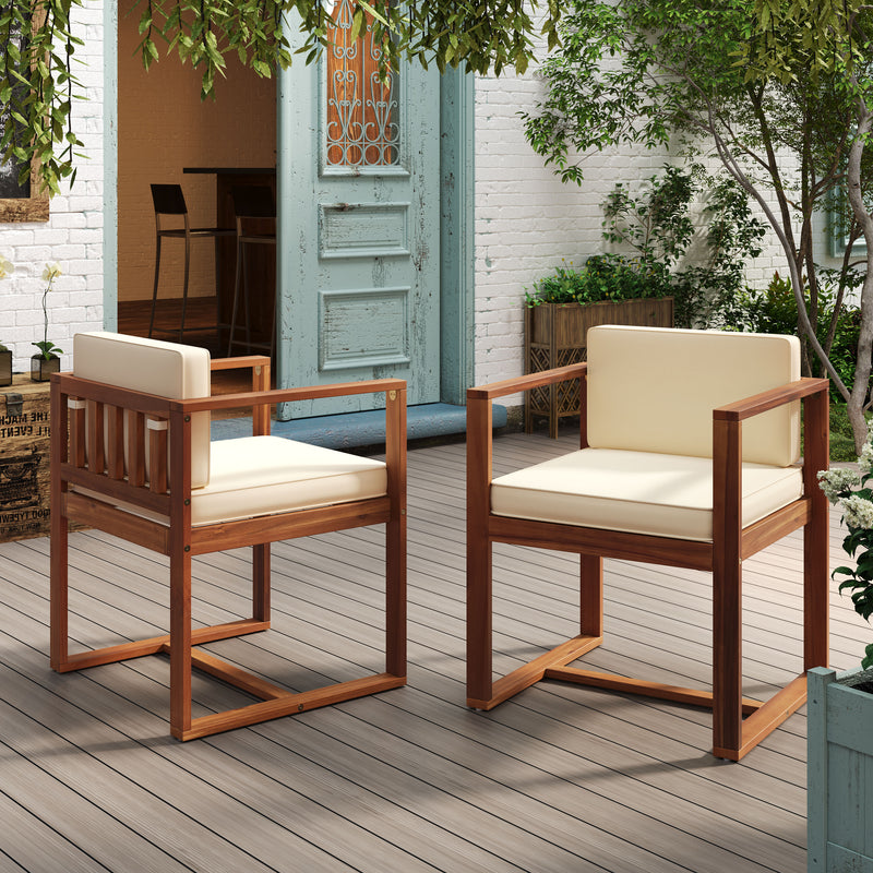 Modern Outdoor Patio Acacia Wood Dining Chairs with Cushions, Set of 2
