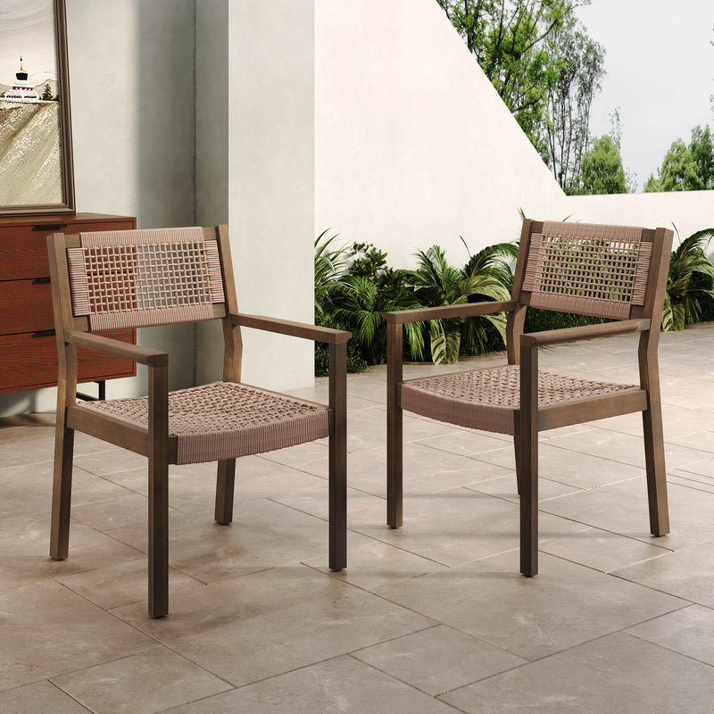 Outdoor Patio Acacia Wood Braided Rope Dining Chairs, Set of 2