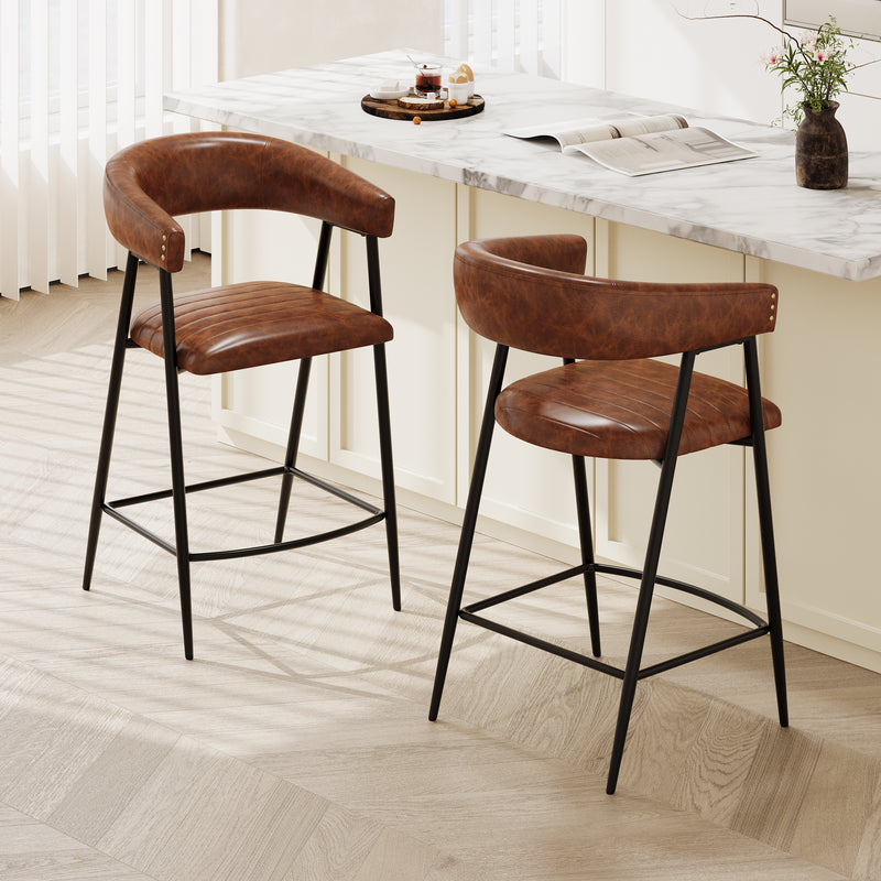 Set of 2 Modern PU Leather Counter Stools – Brown Upholstery