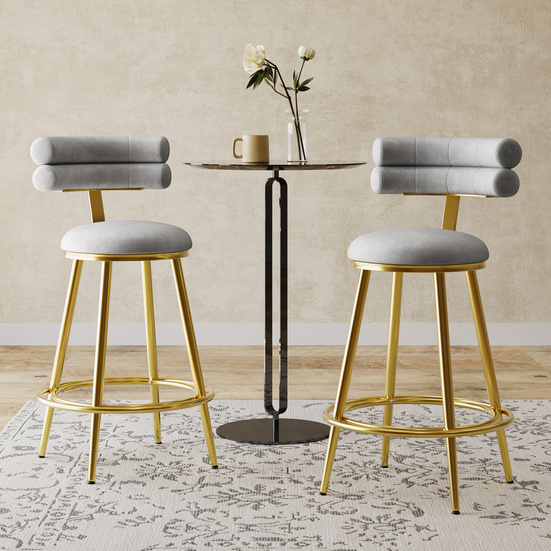 Set of 2 Velvet Counter Stools – Dark Grey Upholstery, Round Cushion