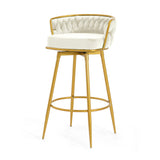 Set of 2 Velvet Swivel Bar Stools 180° Gold Frame w/ Woven Back & Footrest
