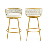 Set of 2 Velvet Swivel Bar Stools 180° Gold Frame w/ Woven Back & Footrest