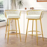 Set of 2 Velvet Swivel Bar Stools 180° Gold Frame w/ Woven Back & Footrest