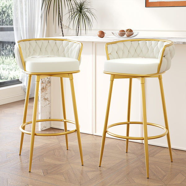 Set of 2 Velvet Swivel Bar Stools 180° Gold Frame w/ Woven Back & Footrest