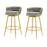 Set of 2 Velvet Swivel Bar Stools 180° Gold Frame w/ Woven Back & Footrest