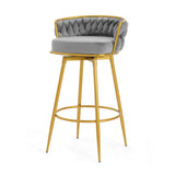 Set of 2 Velvet Swivel Bar Stools 180° Gold Frame w/ Woven Back & Footrest