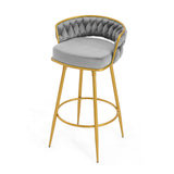 Set of 2 Velvet Swivel Bar Stools 180° Gold Frame w/ Woven Back & Footrest