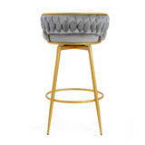 Set of 2 Velvet Swivel Bar Stools 180° Gold Frame w/ Woven Back & Footrest