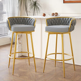 Set of 2 Velvet Swivel Bar Stools 180° Gold Frame w/ Woven Back & Footrest