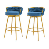 Set of 2 Velvet Swivel Bar Stools 180° Gold Frame w/ Woven Back & Footrest