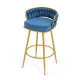Set of 2 Velvet Swivel Bar Stools 180° Gold Frame w/ Woven Back & Footrest