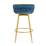 Set of 2 Velvet Swivel Bar Stools 180° Gold Frame w/ Woven Back & Footrest