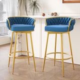 Set of 2 Velvet Swivel Bar Stools 180° Gold Frame w/ Woven Back & Footrest