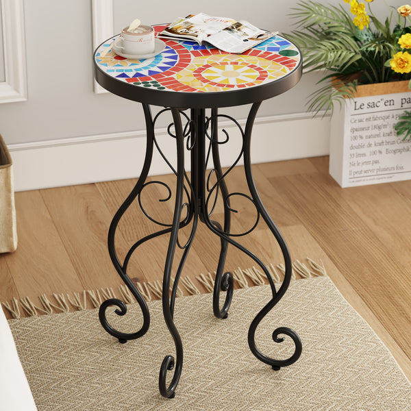 French Country Floral Tile Outdoor Side Table – 14" Round Ceramic Top