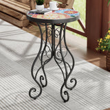 French Country Floral Tile Outdoor Side Table – 14" Round Ceramic Top