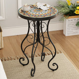 French Country Floral Tile Outdoor Side Table – 14" Round Ceramic Top