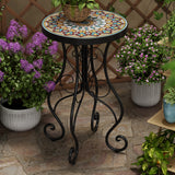 French Country Floral Tile Outdoor Side Table – 14" Round Ceramic Top