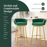 Set of 2 Velvet Swivel Bar Stools 180° Gold Frame w/ Woven Back & Footrest